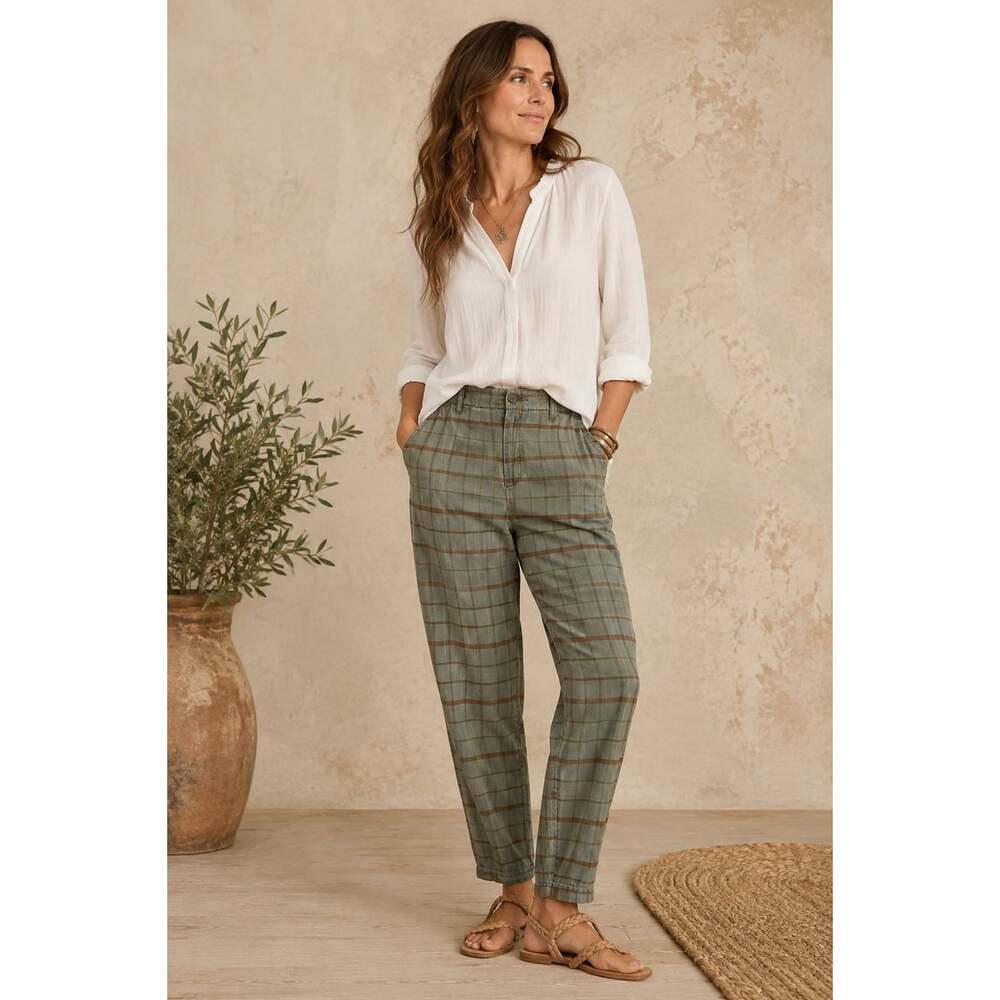 Sundance Womens 4 Green Plaid Linen Blend Tapered Pants Ankle Casual Boho